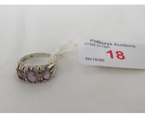 BIRMINGHAM SILVER RING SET WITH THREE AMETHYSTS, WITH A HEART-SHAPE BLACK RING BOX