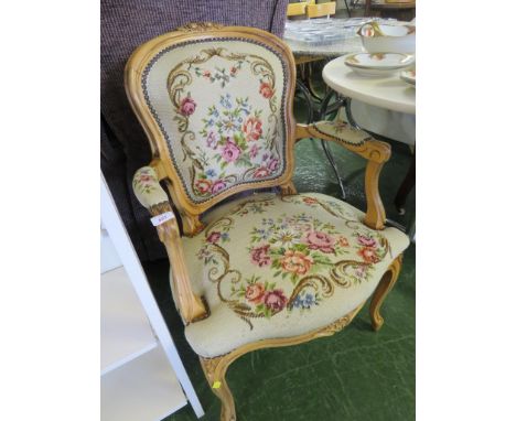 FLORAL TAPESTRY UPHOLSTERED LIGHT WOOD FRAMED BEDROOM CHAIR
