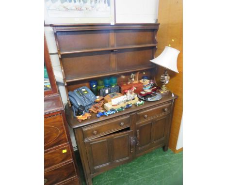 ERCOL DARK STAINED ELM DRESSER WITH THREE PLATE RACKS, TWO DRAWERS AND TWO CUPBOARD DOORS