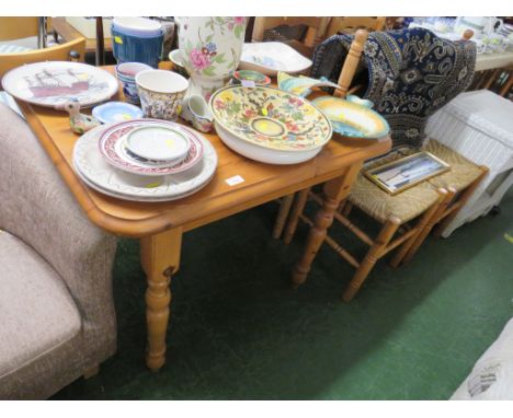 SMALL RECTANGULAR HONEY PINE KITCHEN TABLE WITH FOUR LADDER BACK RUSH SEATED CHAIRS