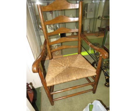 RUSH SEAT WOODEN FRAMED LADDER BACK ARMCHAIR