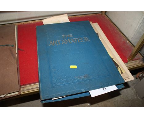 A folder containing David Cox prints, various unframed watercolours, unframed prints, photographic prints of sculptures etc.