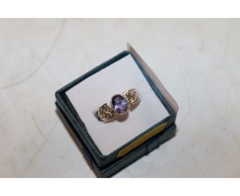 A vintage Celtic style Sterling silver and amethyst ring, ring size N/O