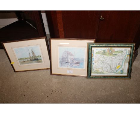 A map of Suffolk and two prints of Pin Mill and Woodbridge Tide Mill