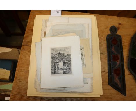 Various pencil sketches and prints depicting East Anglian churches, various other prints and drawings