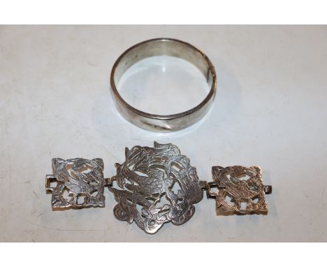 A silver bangle, Birmingham 1988 and three piece buckle