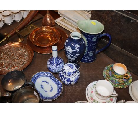 A blue and white Chinese hawthorn patterned baluster vase with seal marks to base, a ginger jar and cover, shaped dish and a 