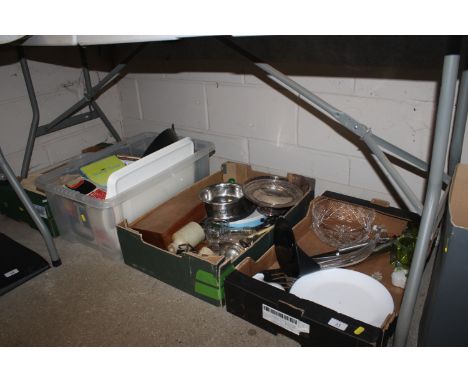 Four boxes of miscellaneous kitchenalia, plated ware etc.