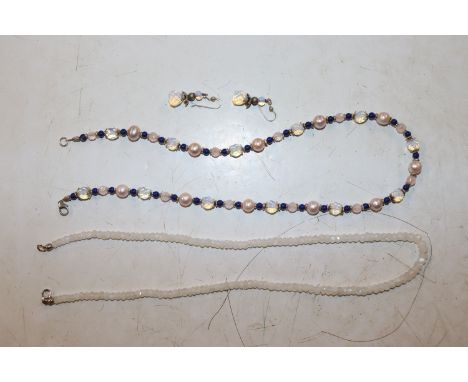 A pair of Sterling silver cultured pearl lapis and opal ear-rings and necklace; and a moonstone necklace 