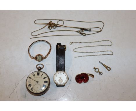 A silver cased improved patent pocket watch, watch chain, lady's wrist watch, brooch and an Avia wrist watch, AF