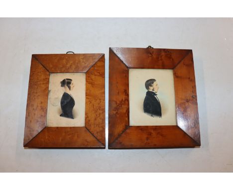A pair of Victorian portrait studies contained in birds eye maple frames
