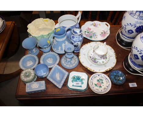 Various Wedgwood Jasper ware; a Victorian blue and white jug; Sylvac jardiniere; various bone china