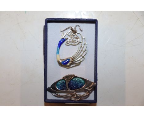 A Hallmarked enamelled Art Nouveau Sterling silver pendant and similar peacock 15gms 