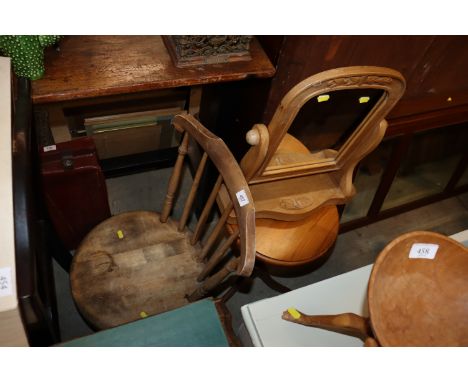 A pine swing framed toilet mirror, modern pine tripod table and an elm seated stick back chair