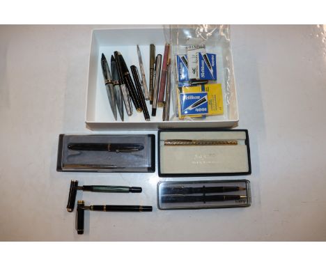 A Sellkan fountain pen with 14ct gold nib; a Waterman fountain pen with 18ct gold nib; a Jaguar pen and various other pens