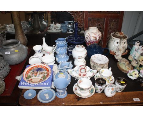 A collection of Wedgewood Jasperware, a pair of Royal Worcester egg coddlers, a Wedgewood oval box and cover, various bone ch