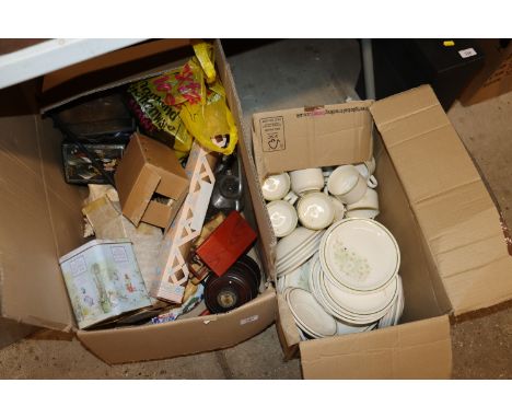 Two boxes containing various kitchenalia, pottery etc.