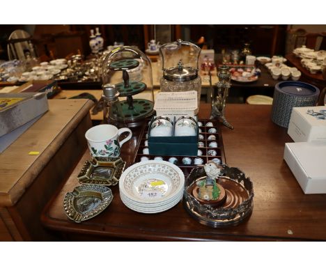 A collection of porcelain thimbles; thimble stand; two Royal Worcester egg coddlers; glass biscuit barrel; brass dragon candl