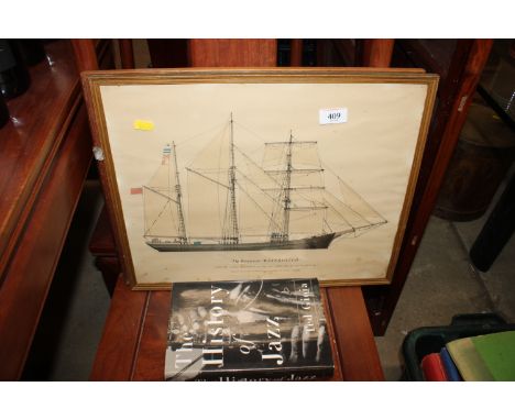 Ted Gioia, The History Of Jazz; two coloured prints 'Barquentine Water Witch' and 'The Three Masted Top Sail Schooner Result'