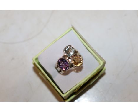 A Studio Sterling silver citrine, aqua marine and amethyst set ring, ring size M/N