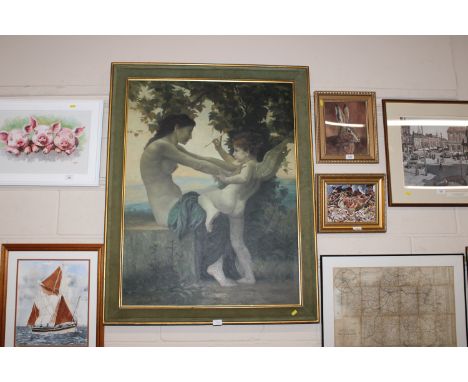 Indistinctly signed oil on canvas study of a naked woman with attendant Cupid and arrow