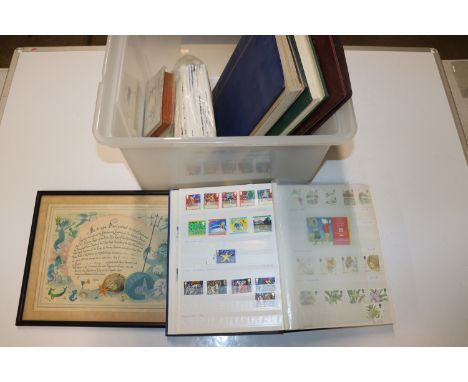 A box containing albums of stamps and First Day Covers; a Holy Bible with mother of pearl cover; framed print etc.