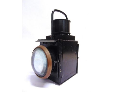 A BRITISH RAILWAYS (MIDLAND REGION) GUARD'S VAN BULLS-EYE SIDE LAMP  complete with burner, 'BR(M)' reservoir, and red filter,