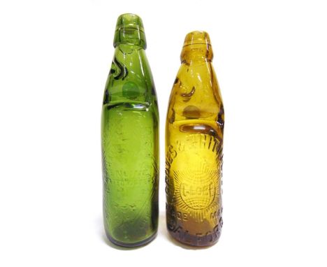 TWO COLOURED CODD MINERAL WATER BOTTLES comprising one green glass, marked to the front 'HANSARD'S / GENUINE / AERATED WATERS