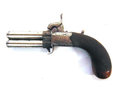 A DOUBLE BARREL PERCUSSION POCKET PISTOL, PARKES, LONDON  19th century, with 6cm (2 1/2 inch) rotating barrels, foliate engra