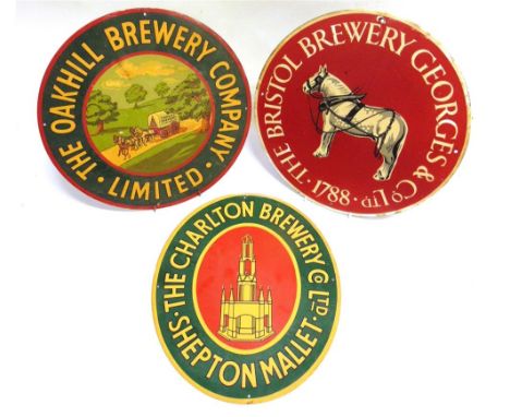 THREE BREWERY SIGNS  comprising one circular aluminium for The Oakhill Brewery Company Limited, 34.25cm diameter; one oval al