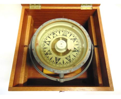 NAUTICALIA - A SHIP'S COMPASS, HEATH &amp; CO., LONDON  gimbal mounted, 32cm diameter, in a mahogany case.