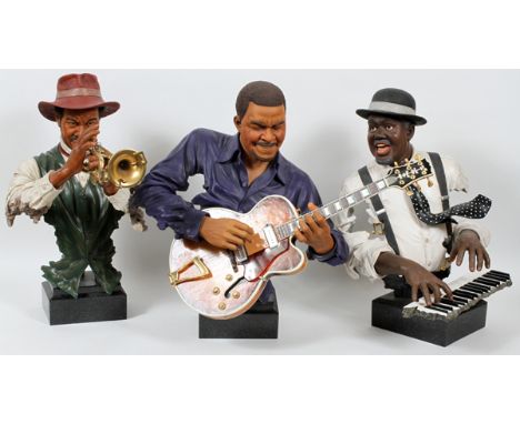 W. G RESIN BLACK MUSICIANS PLAYING HORN,TRUMPET,GUITAR 2001 138/950 H 22" W 15"different men mounted on marble bases. From th