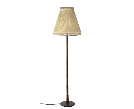 A Danish stained beech simulated bamboo standard lamp,with a pleated shade, with lace borders,161cm high