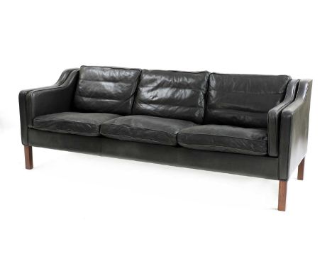 A black leather three-seater sofa,in the style of Børge Mogensen,210cm wide82cm deep74cm high, 43cm seat highCondition report