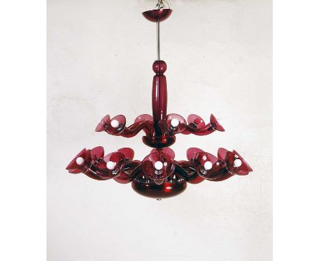 A postmodern VeArt Glass 'Leda' chandelier,by Örni Halloween for Artemide Italy, 1992, with two tiers of ruby glass branches,