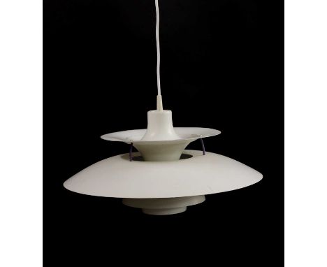 A 'PH5' pendant light,designed by Poul Henningsen for Louis Poulsen, in white with a blue and red reflector, 50cm diameterCon