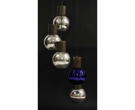 An Italian mirrored glass five-ball adjustable hanging light,c.1970, 40cm diameter125cm high 