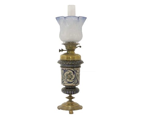 A Doulton Lambeth Hink's patent oil lamp,the vase body by Doulton Lambeth pottery, dated 1884, initialled 'EDL' for Edith D L