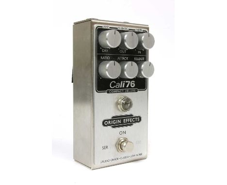 An Origin Effects Cali76 Compact Deluxe compressor guitar effects pedal,serial number 638, in a brushed aluminium caseConditi