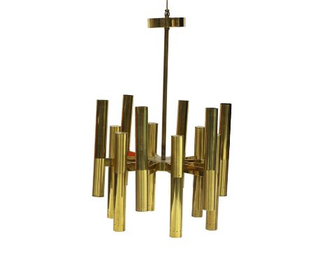 An Italian lacquered brass tubular hanging light,1960s, by Lamperti,58cm diameter90cm highCondition report: See additional im