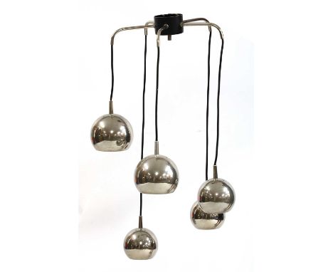 An Italian steel hanging five-light electrolier,87cm highCondition report: Some finish to white shade interiors worn/chipped.