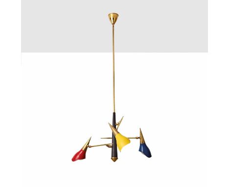 An Italian brass adjustable hanging light,1950s, with three coloured shades,94cm highCondition report: See additional images.