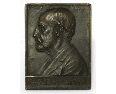 A bronze plaque of Richard Phene Spiers,  by Edouard Lanteri, dated 1905, obverse: profile portrait of a bearded man facing l