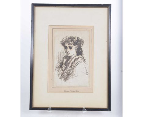 Marcus Stone 'Madam Stone' Pen and ink sketch on paper, signed in pencil lower right hand corner, framed, 16.5cm x 10.5cm. 