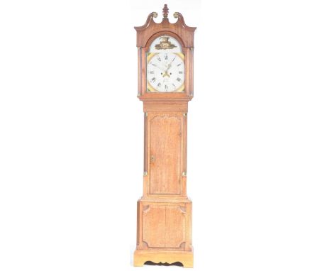 A George III oak and mahogany long case eight day clock, by Walker, NantwichThe twin swan neck pediment applied with brass ro