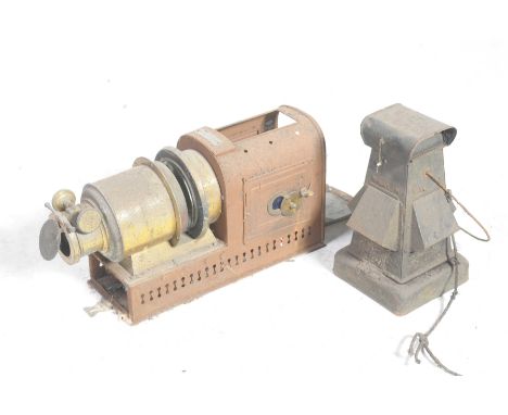 A late 19th early 20th Century magic lantern projectorAlong with a metal hazard lantern with a swing handle. (2)