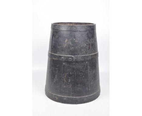 An early 20th Century black painted Coopered barrel type stick standThe panelled wood and applied metal studied bands painted