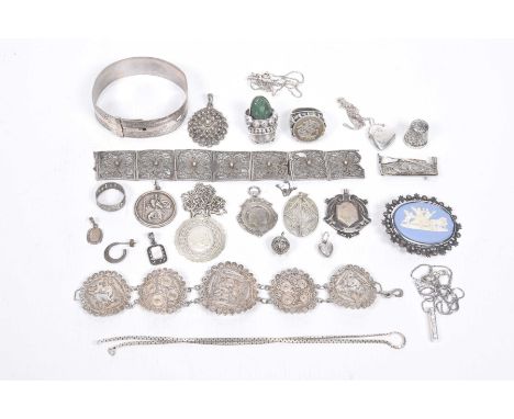 A collection of various silver/jewellery items To include a quantity of filagree work pendants, bracelets, brooch etc, (all u
