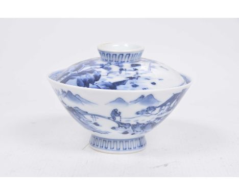 A Chinese blue and white lidded rice bowl, 19th/20th CenturyOf conical form raising from a splayed pedestal foot and domed co