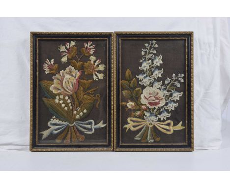 A collection of paintings and embroidered textiles To include a pair of late 19th century. early 20th Century floral embroide